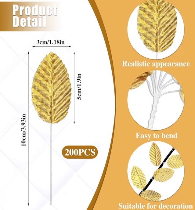 200 Pcs Gold Leaves for Crafts Fake Artificial Rose Leaf DIY Wreaths Wedding
