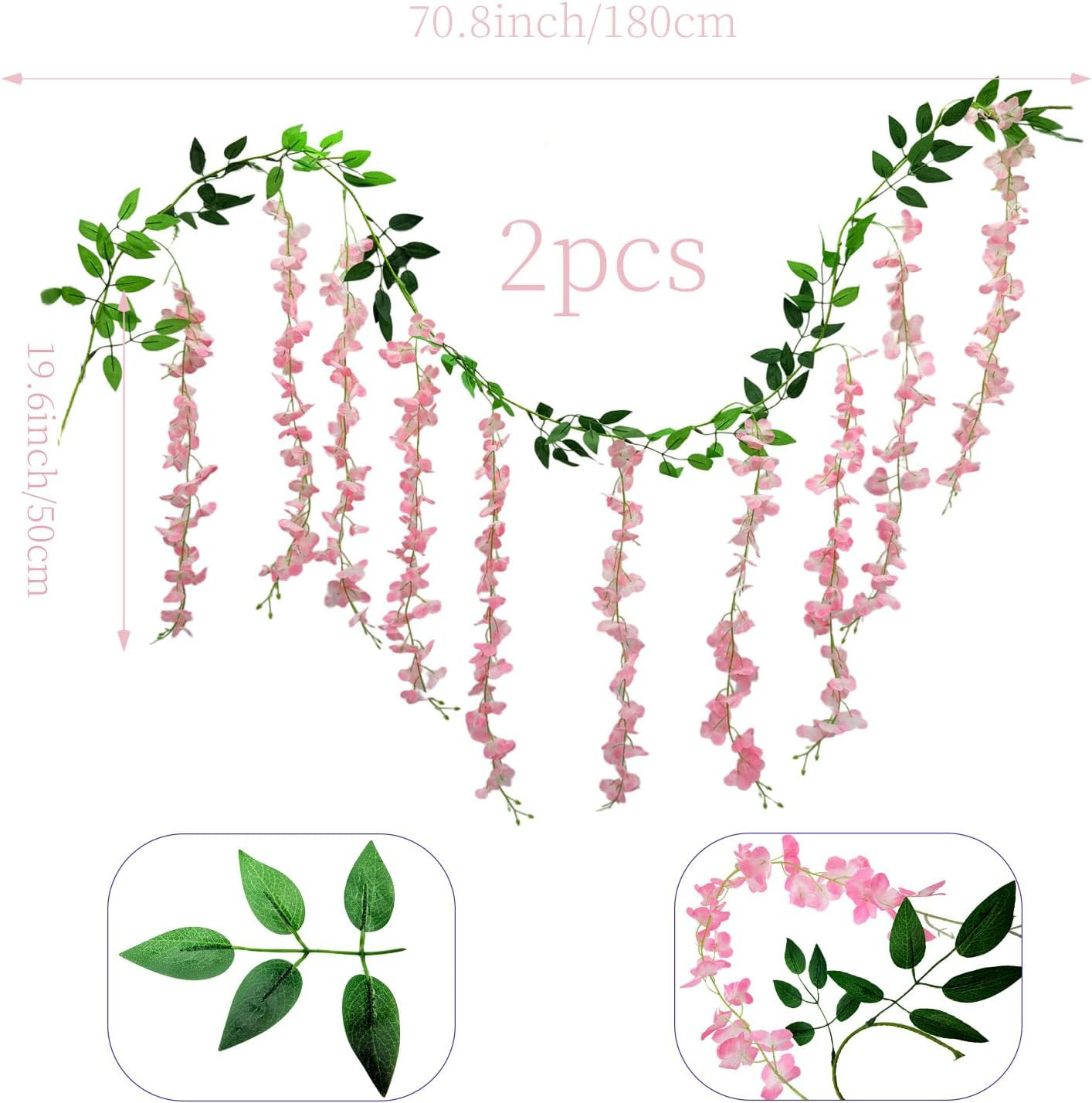 2 Pcs Wisteria Hanging Flowers Pink Artificial Wisteria Vines Hanging Flower Vin