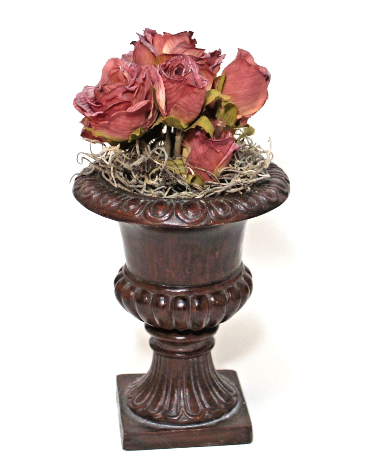 Vintage Urn Planter Brown Vase with Pink Roses Flower Arrangement