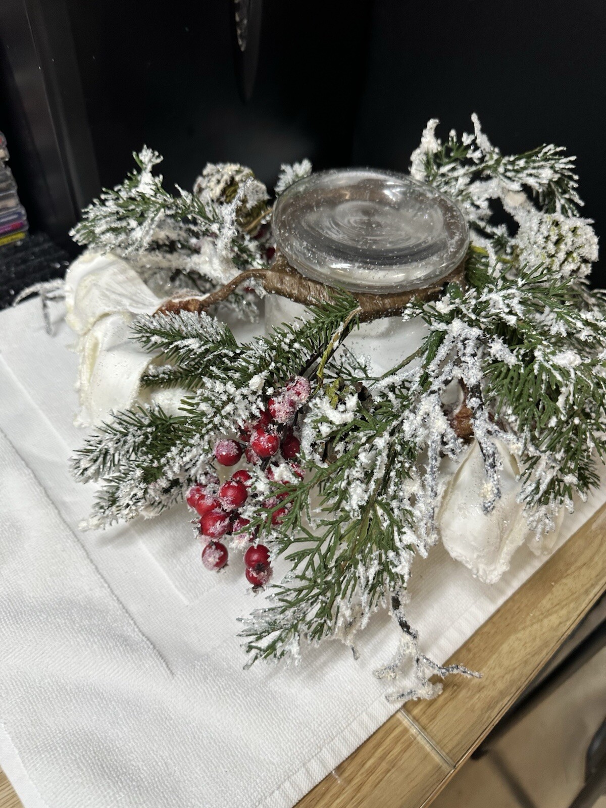 Frosted Magnolia & Red Berry Artificial Arrangement Candelabrum