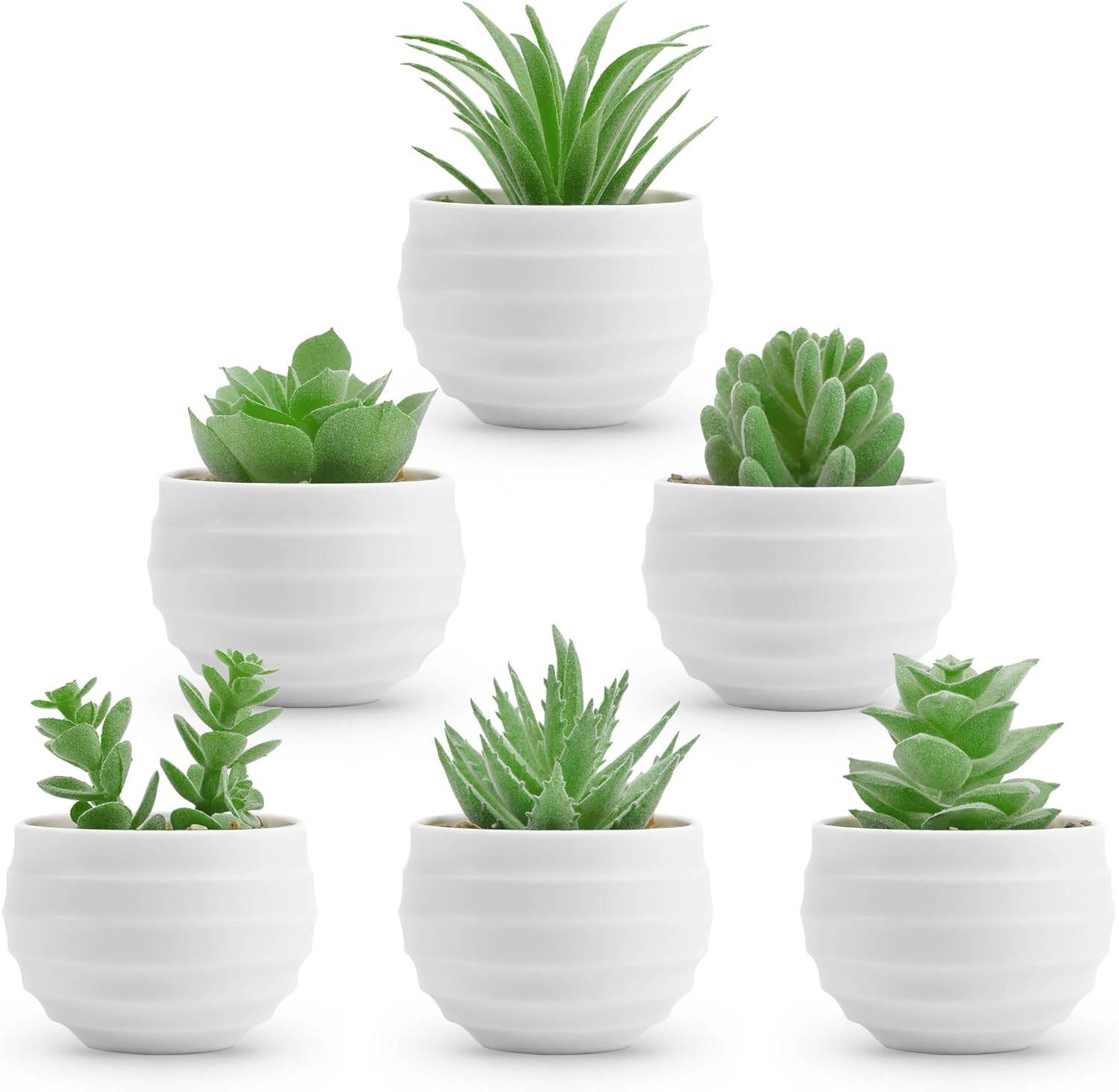 6 Pack Mini Fake Succulent Plants in White Pots Artificial Faux Greenery Decor