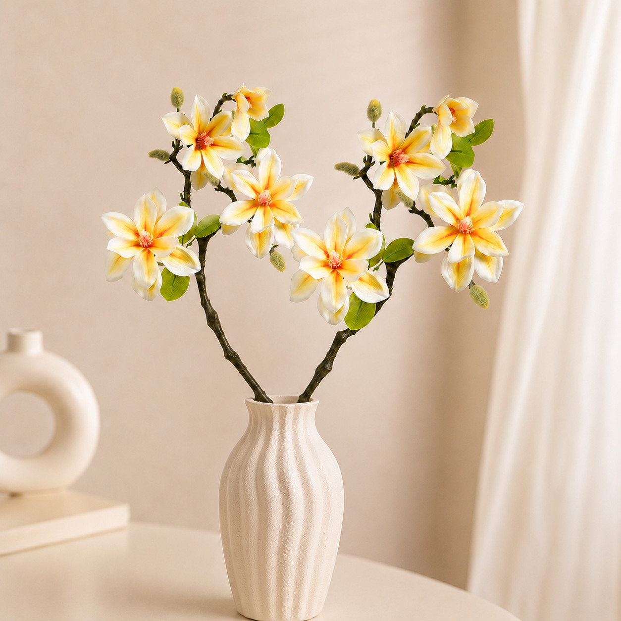 Set of 2 Cream Yellow Faux Magnolia Flower Stems Artificial Floral Branches Home