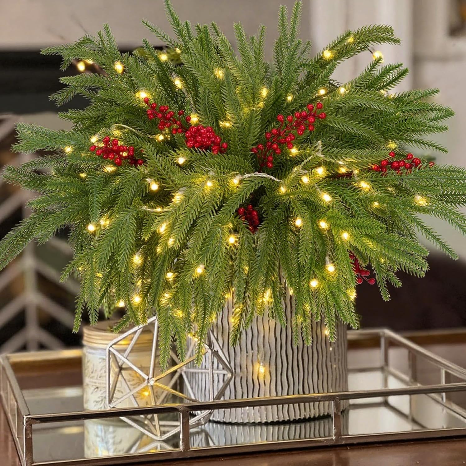 12pcs Christmas Norfolk Pine Branch with Berry Set, 18 Inches Artificial Norfolk