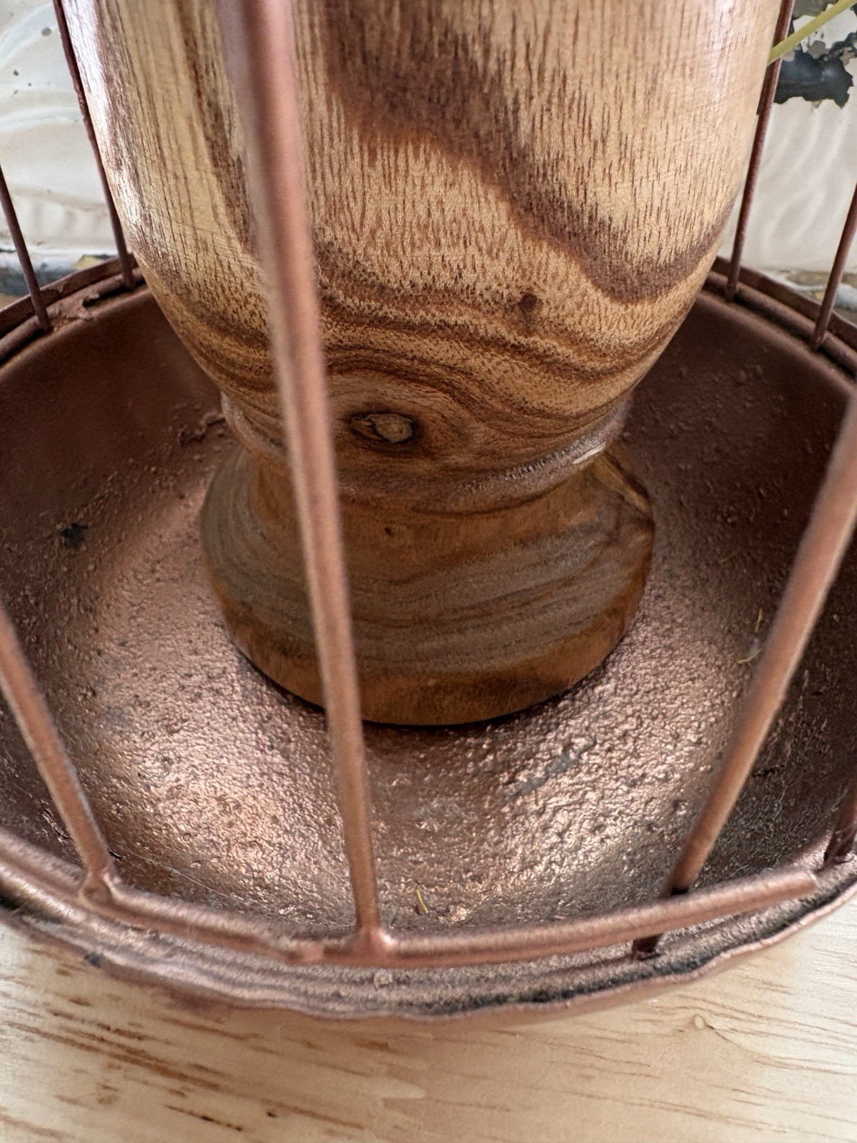 Decorative metal bird cage with wooden pedestal and faux florals #B5