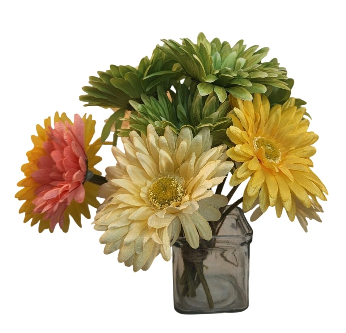 Silk Gerbera Daisy Floral Arrangement – Green Yellow & Pink Multicolor