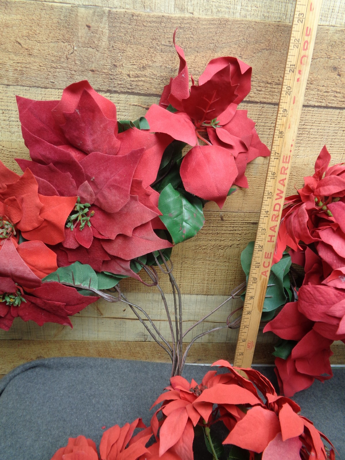 4 – Vintage Flocked Red Poinsettias 14″ & 18″ Artificial Christmas Stems
