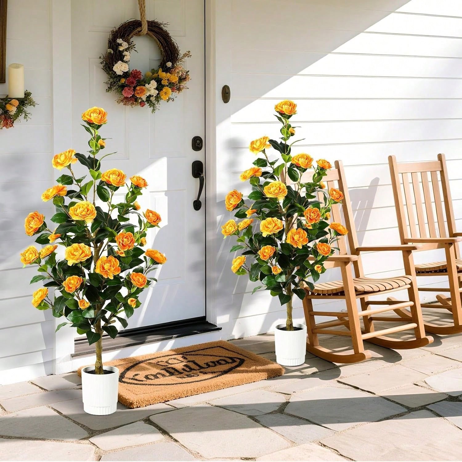 2 Pack Artificial Camellia Trees 3FT/4FT Orange Flowers with Pots