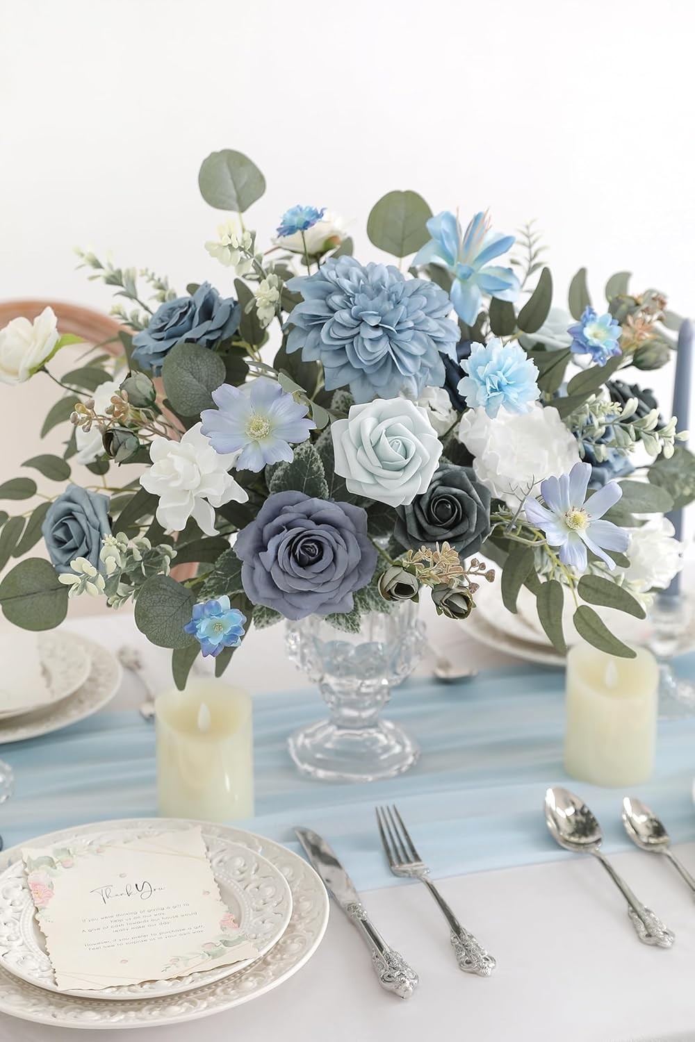 DIY Floral Arrangement Set with Blue Silk Flowers and Green Leaves for Parties