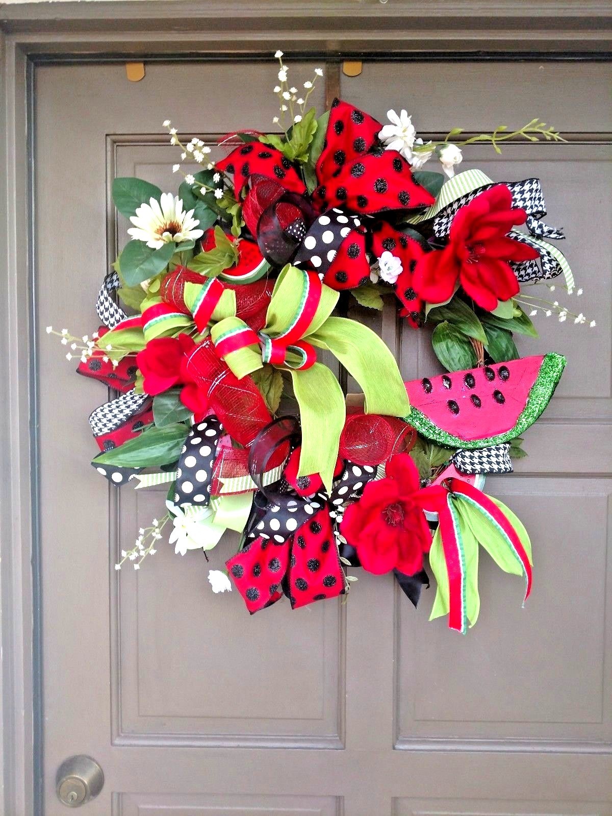 Large 24″ Summer Watermelon Front Door Wreath Handmade Red Farmhouse Decor