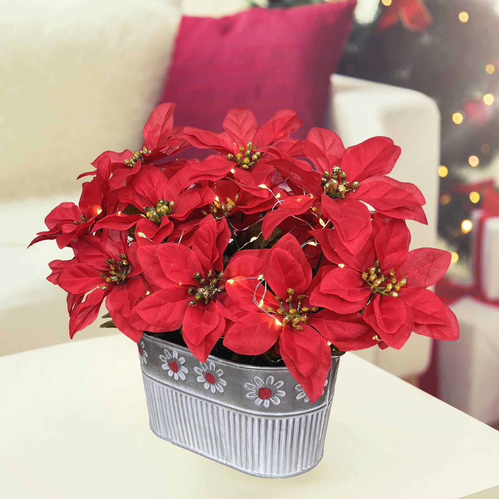 Best Christmas Poinsettia Table Centerpiece – Rustic Metal Pot with LED Lights