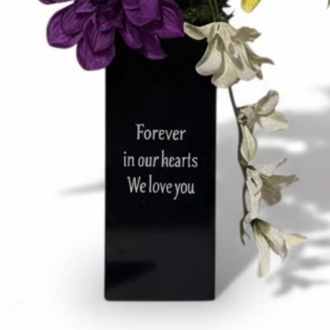 Cemetery Flowers Spring Arrangement Purple White Yellow Metal Inscribed Vase NEW