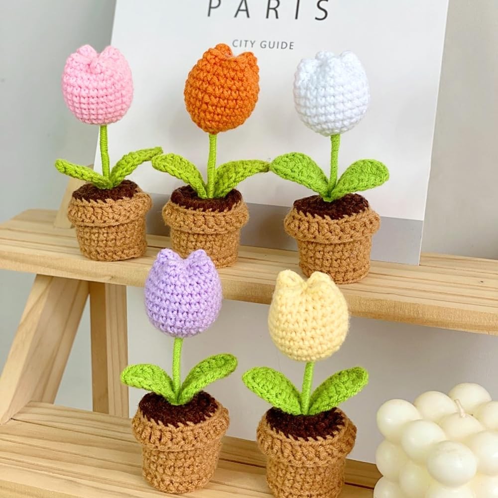 Cute Knitted Flower Plant, Kawaii Handmade Crochet Flowers,Small Potted Artif…