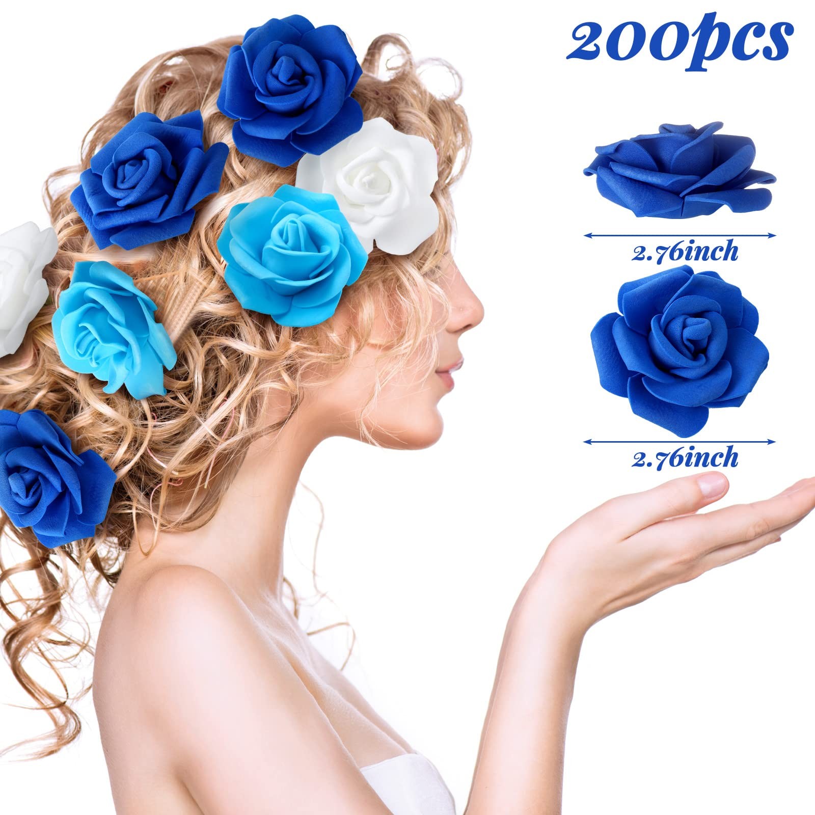 200 PCS 2.76 Inch White Blue Artificial Foam Rose Flower Heads Bulk Centerpiece