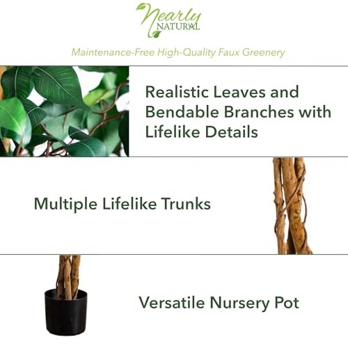 Triple Trunk Artificial Ficus Tree with Natural Wood Trunks, 7ft Tree in Pot