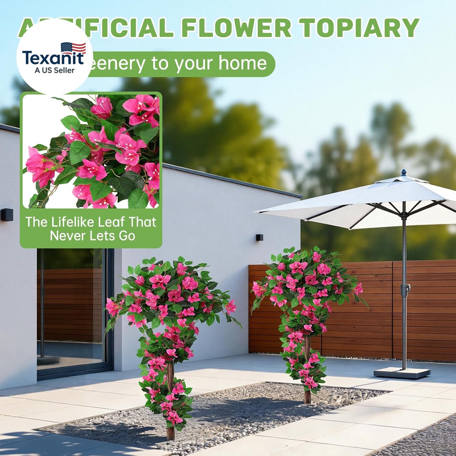 2Pack 4FT Artificial Bougainvillea Topiary Trees for Outdoor, Fake Silk Flowers