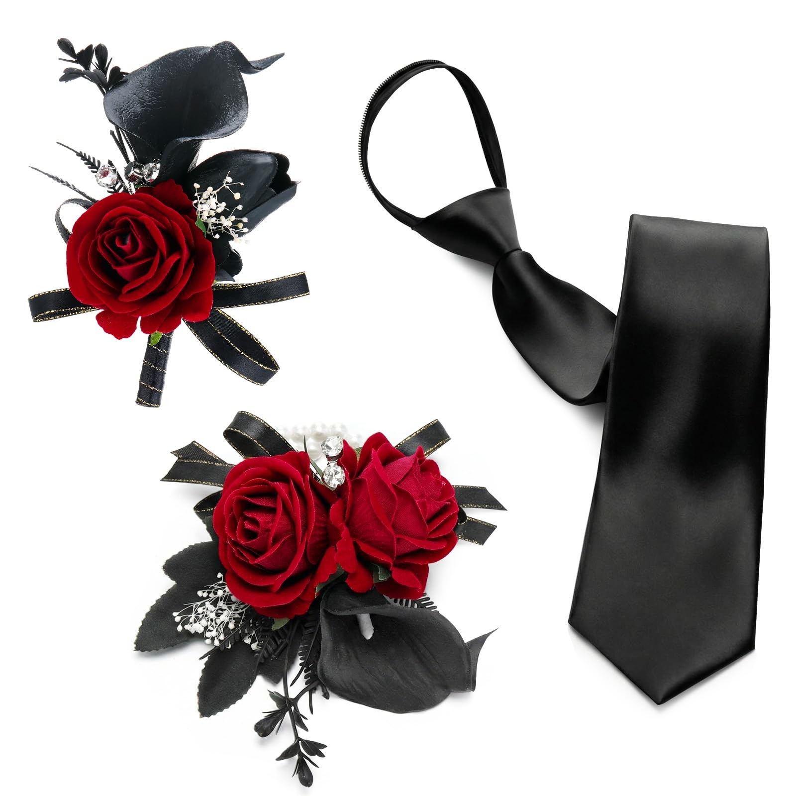 3 PCS Burgundy Red Black Rose Corsage Boutonniere PreTied Tie Wedding Prom