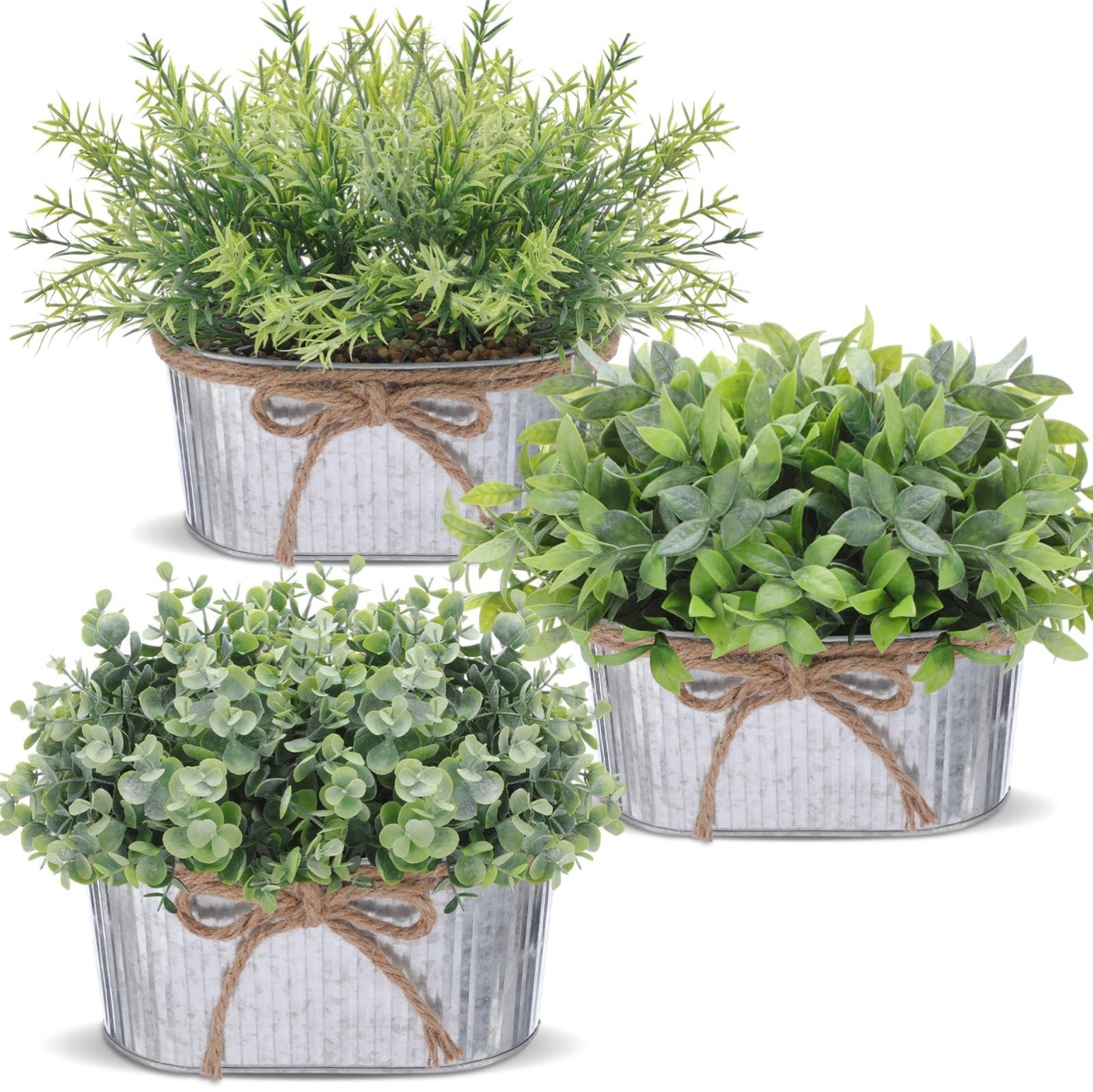 3 Pack Mini Potted Artificial Eucalyptus & Rosemary Plants in Metal Pots – Home