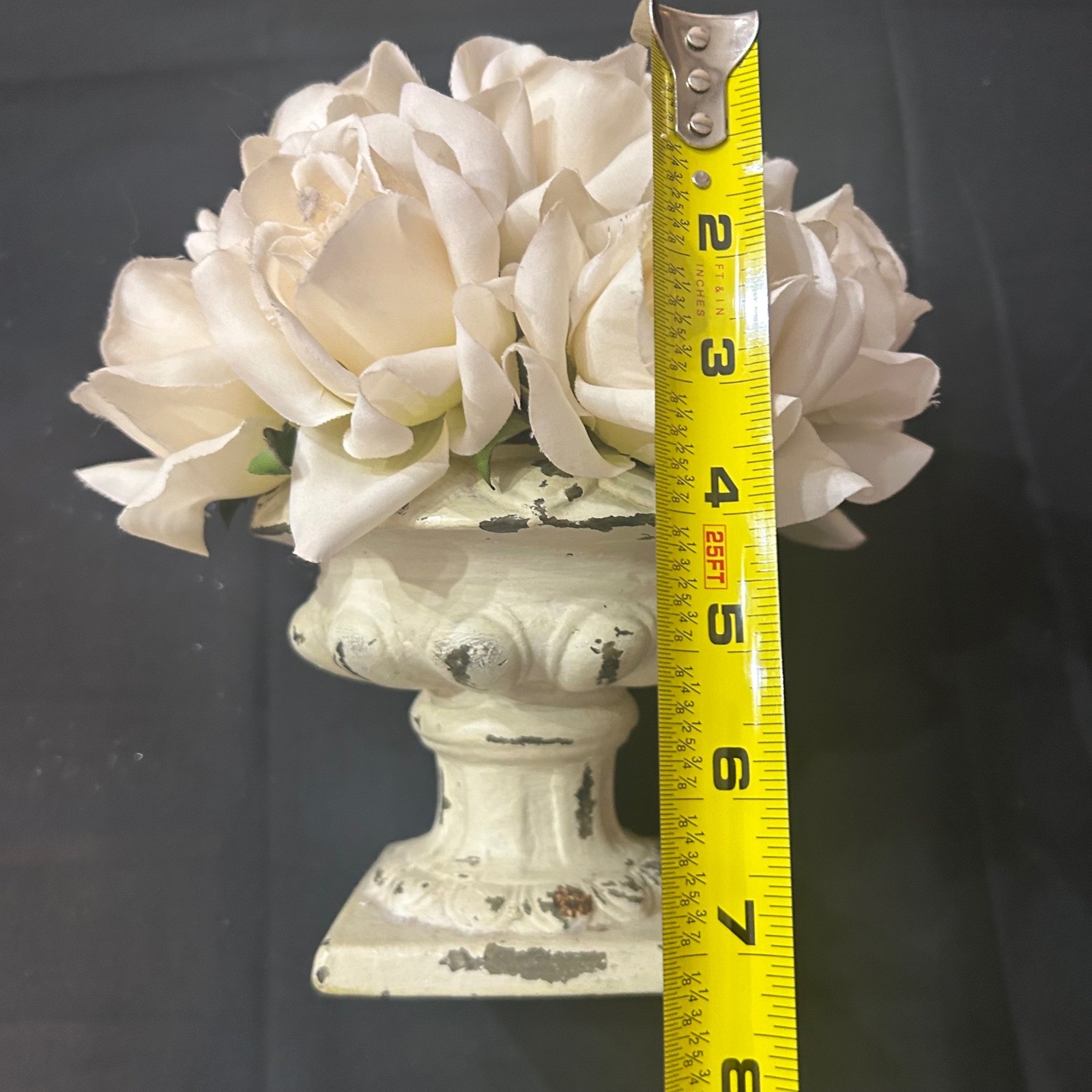 Distressed Cream Urn Planter w/White Faux Roses French Country Floral Home Decor