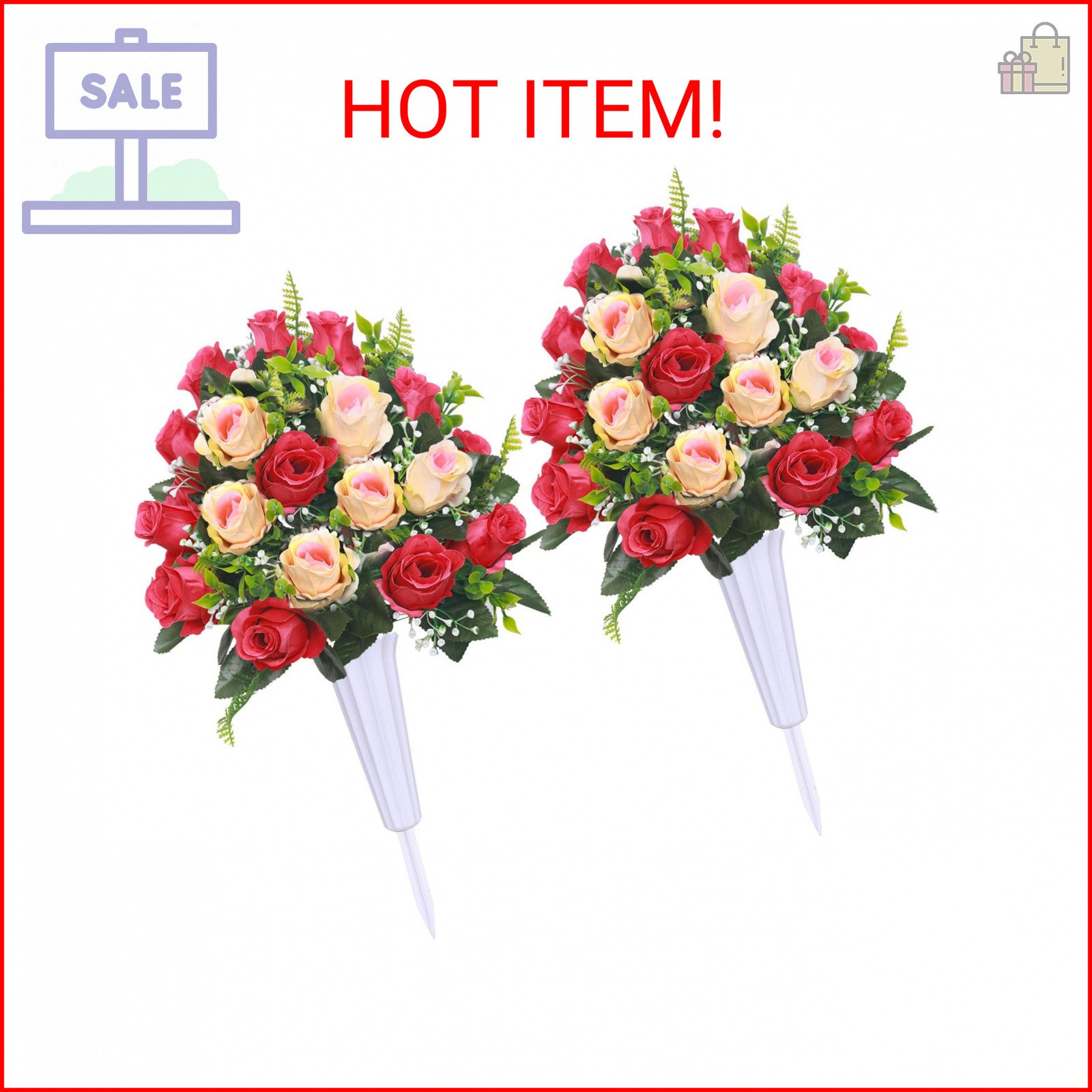 Lodou Artificial Cemetery Flowers,Set of 2 Grave Decorations Roses, Tombstone Me