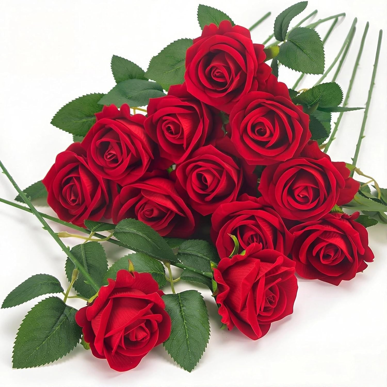 12 Pcs Red Roses Artificial Flowers, Real Touch Fake Velvet Flowers with Stems