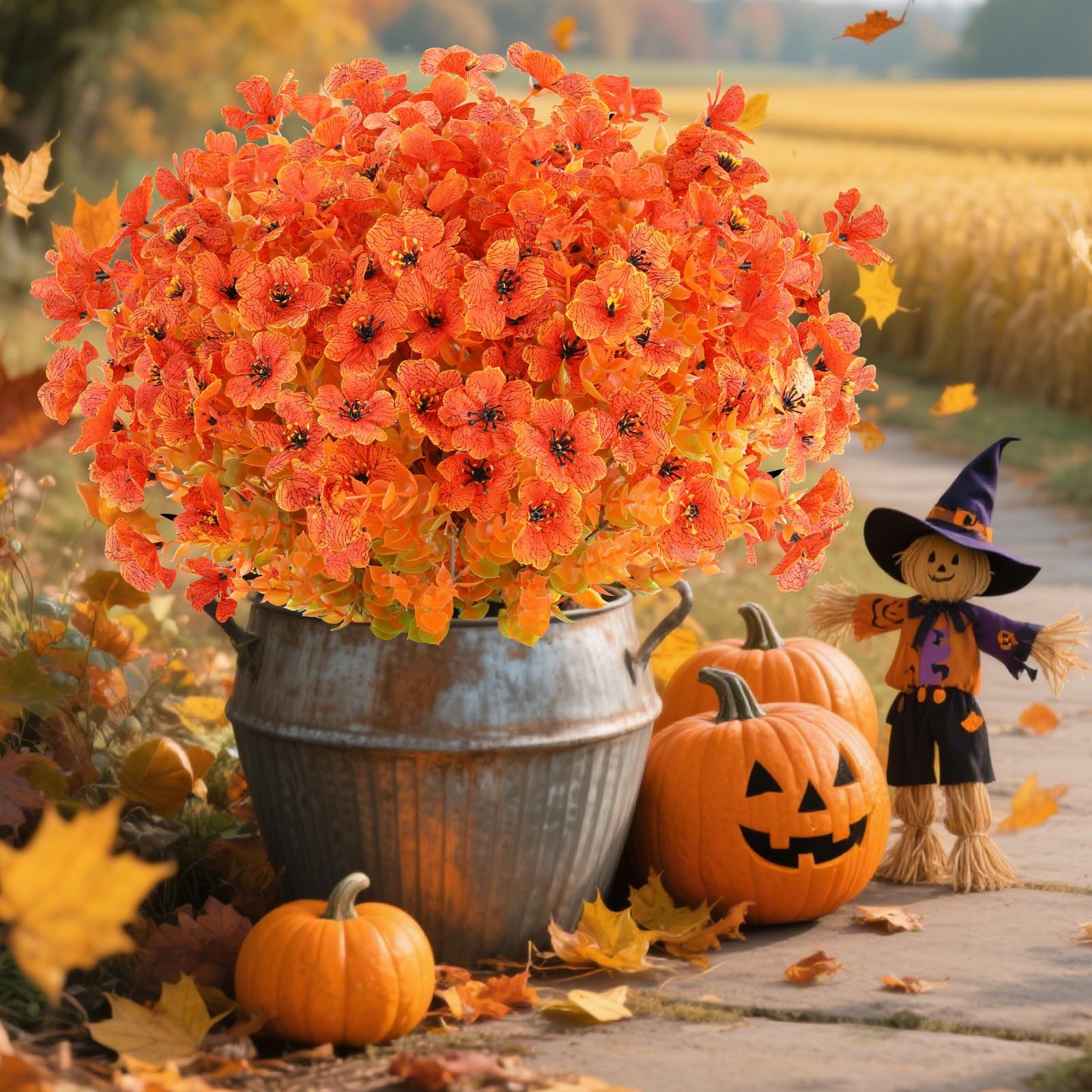 AmyHomie 16 Bundles Orange Artificial Fall Flowers for Outdoors Fall Decor