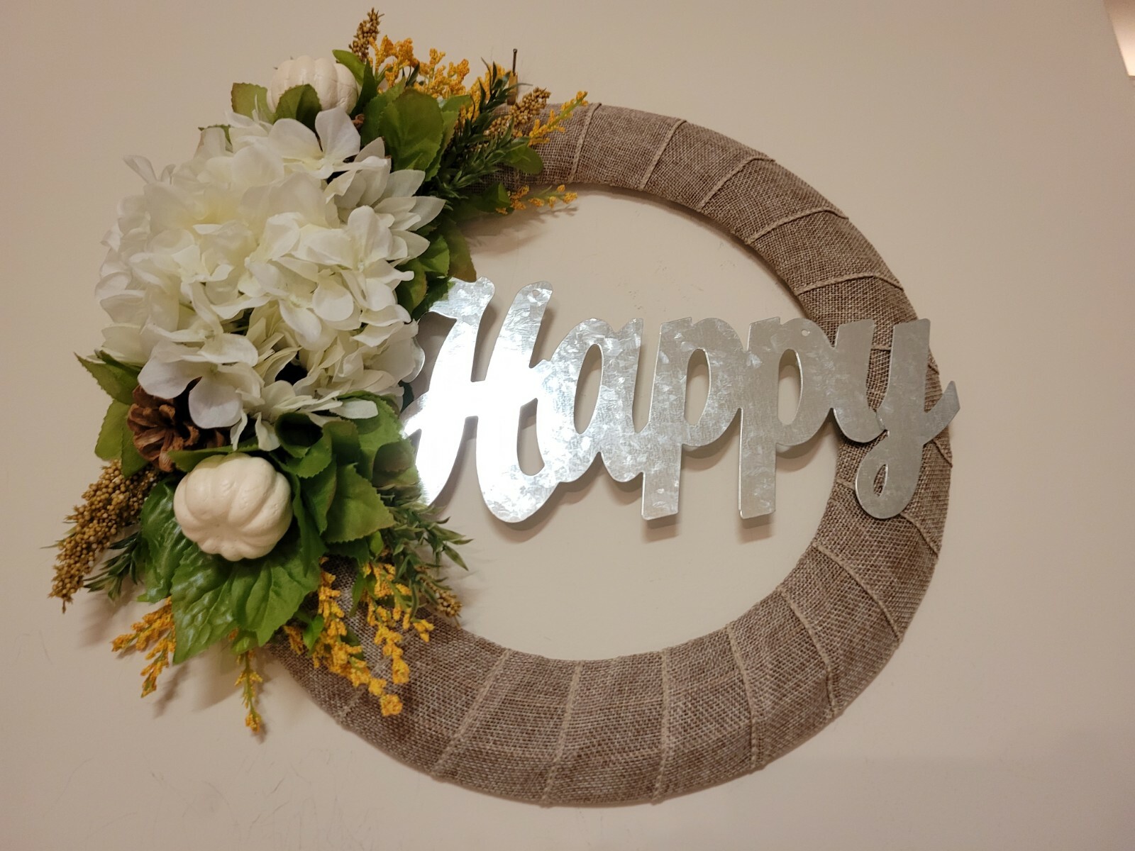 HAPPY white green sunflower Hydrangea pumpkin cone burlap WREATH FALL Decor Door