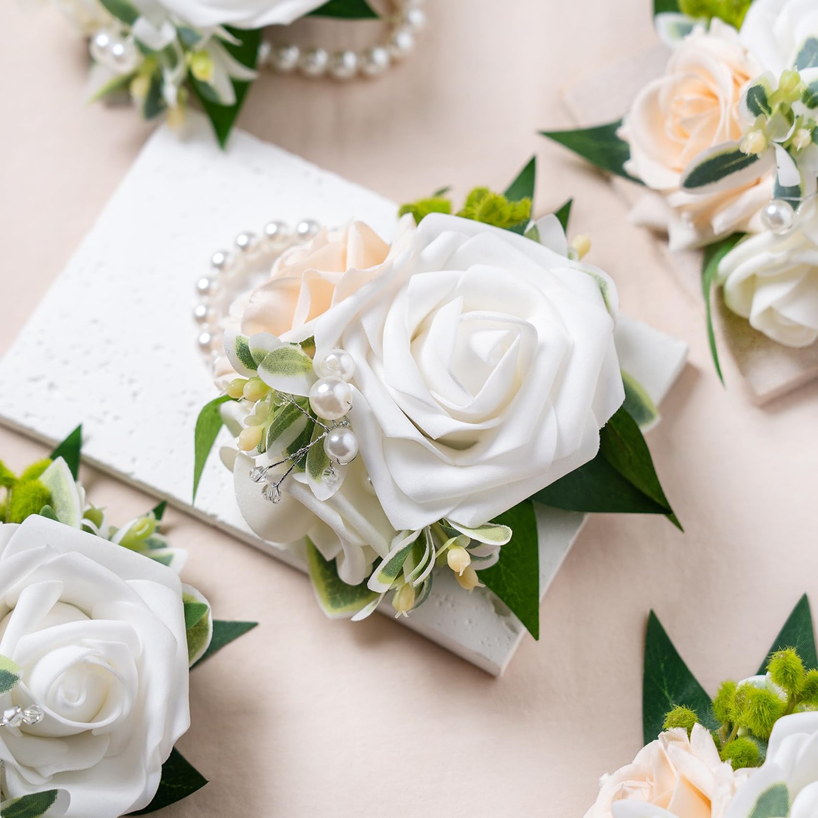 6 PCS White Wrist Corsage Homecoming Flower Girl Bridesmaid Wedding Prom Decor