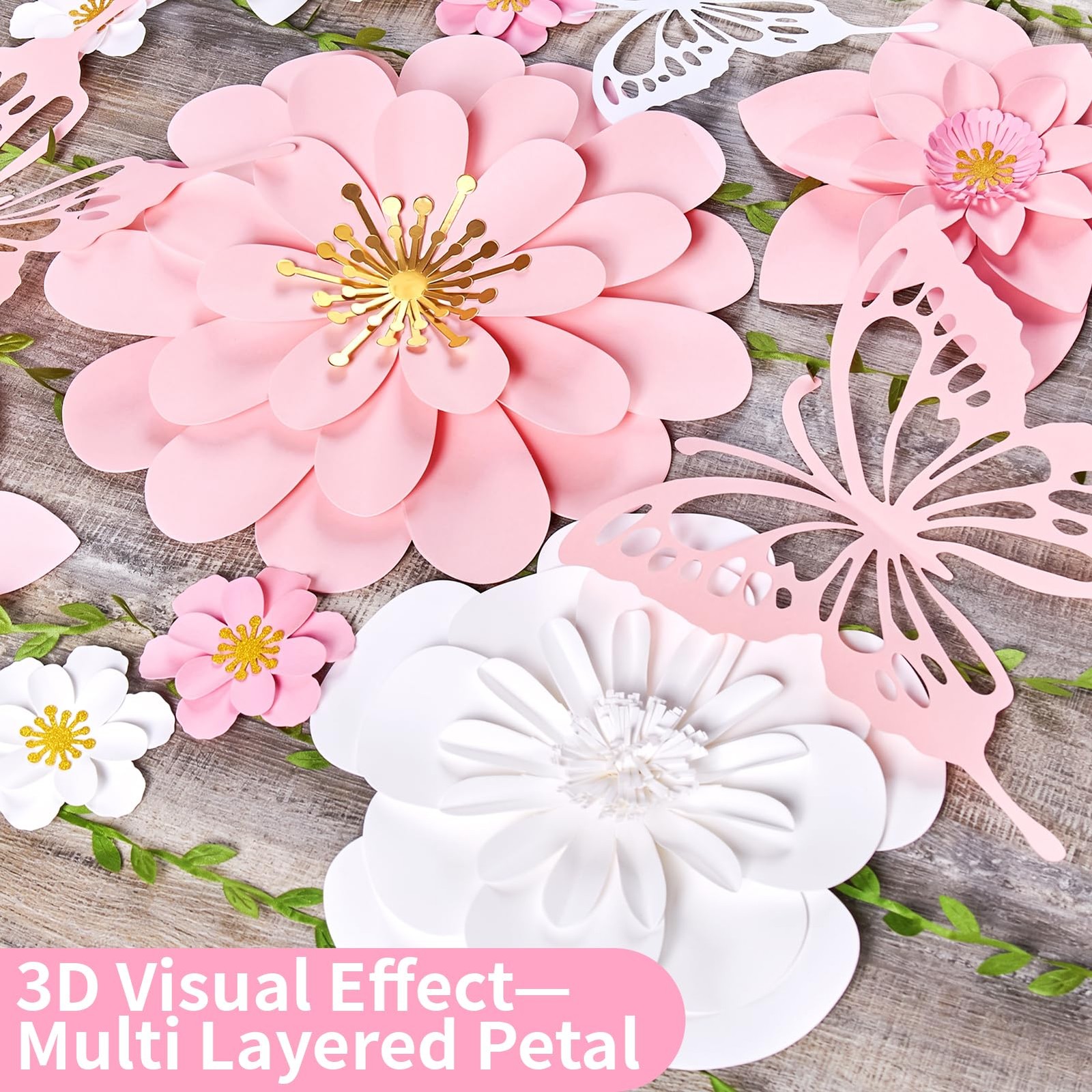 3D Paper Flowers Butterflies 9PC Pink White Garden Wall Decor Backdrop