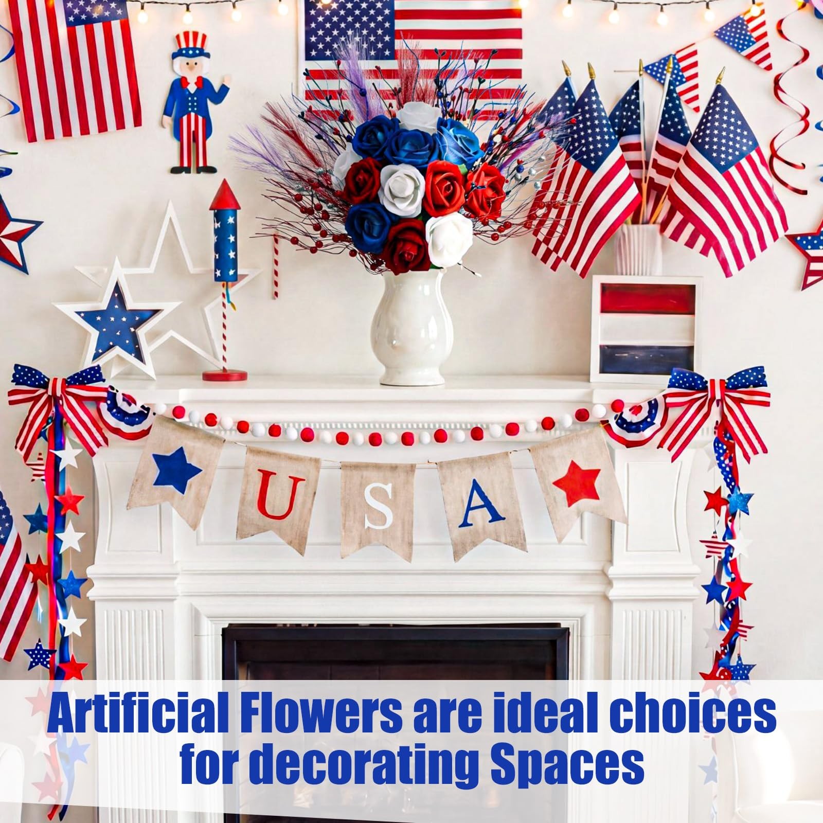30pcs Patriotic Artificial Flower, Red White Blue Faux Roses with Star Picks …