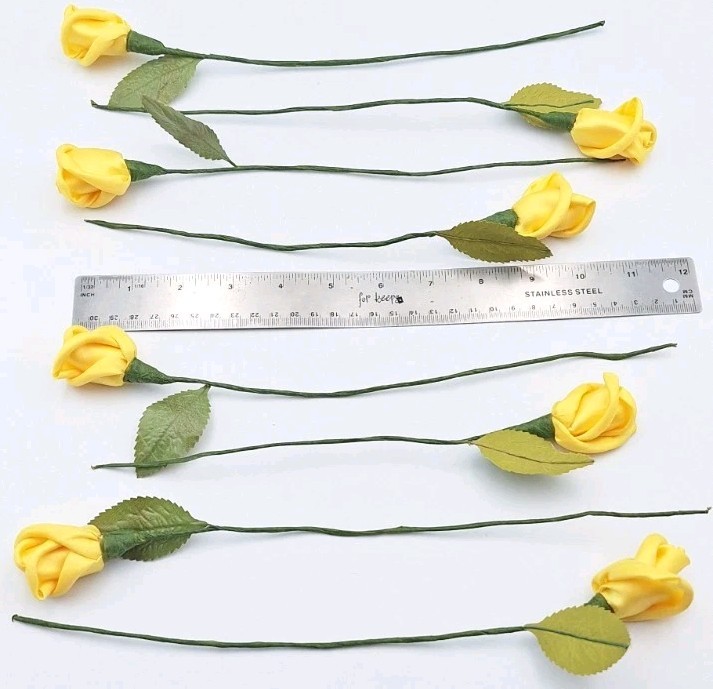 VTG Handmade Satin Ribbon Rose Bud Flower Bouquet Flexible Wire Stem Yellow 8Pcs