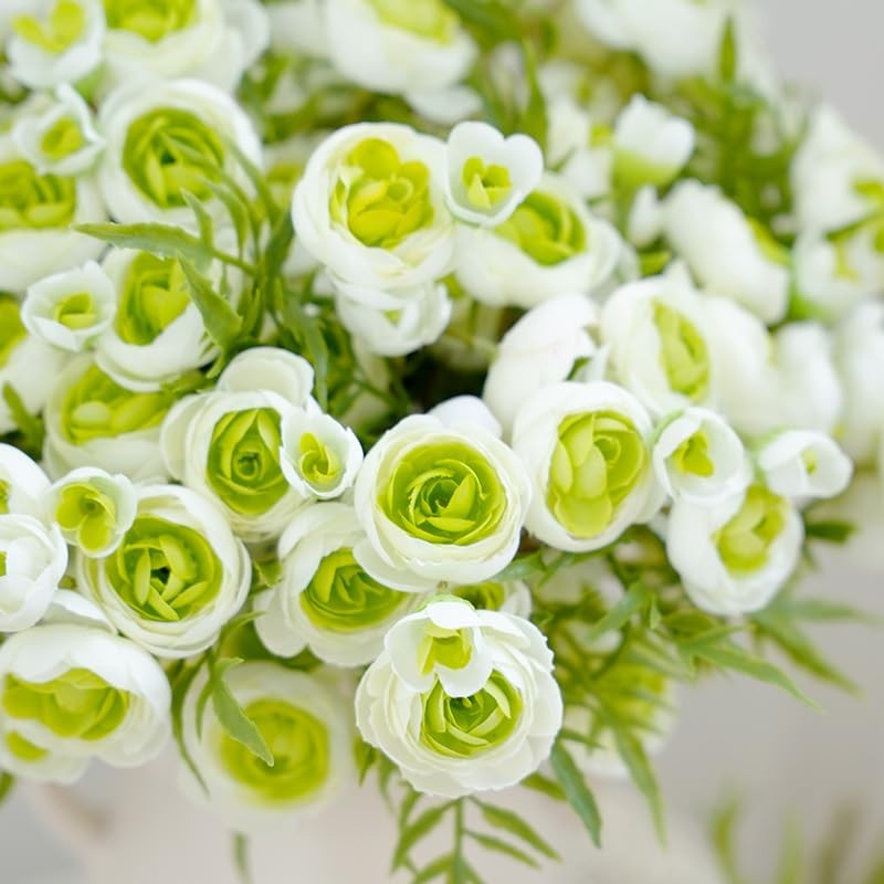 20 PCS Artificial Ranunculus Flowers Faux Silk Bouquet White Green Home Decor
