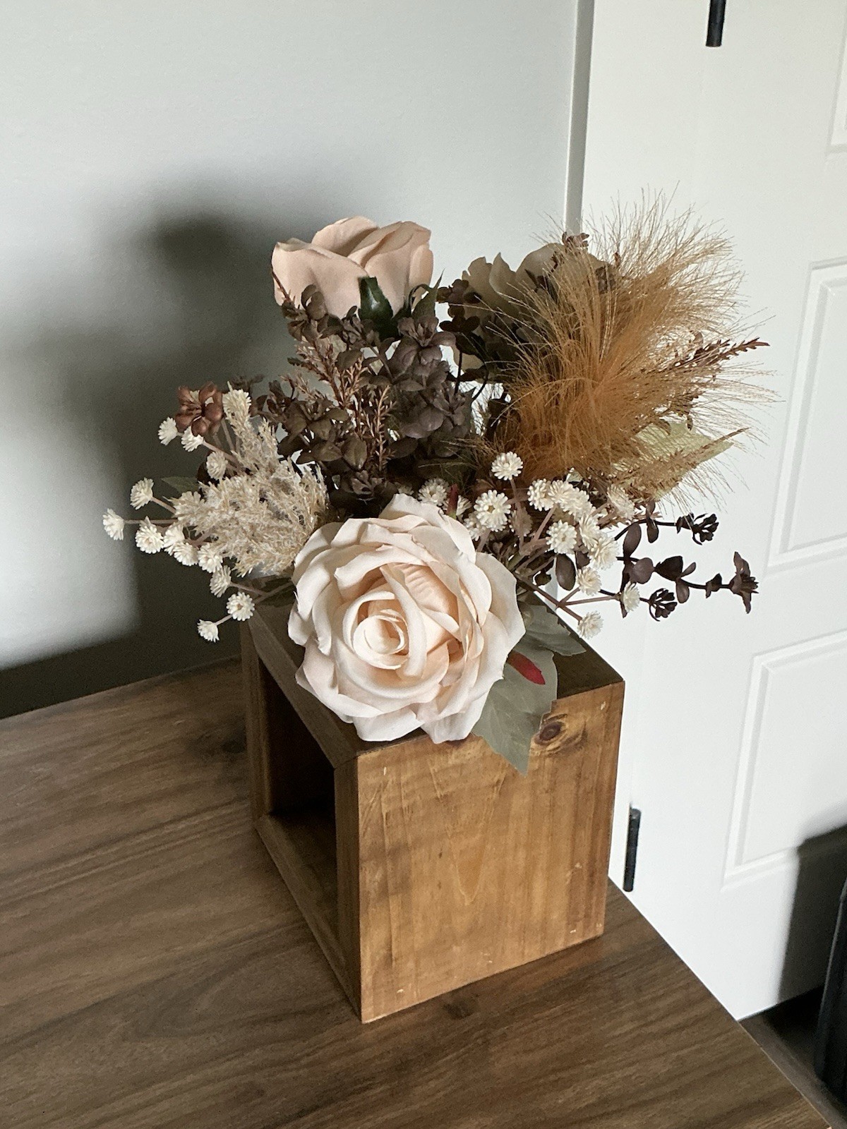 Rustic Farmhouse Wooden Glass Jar Holder W/Dahlia, Rose, & Pampas Grass Bouquet