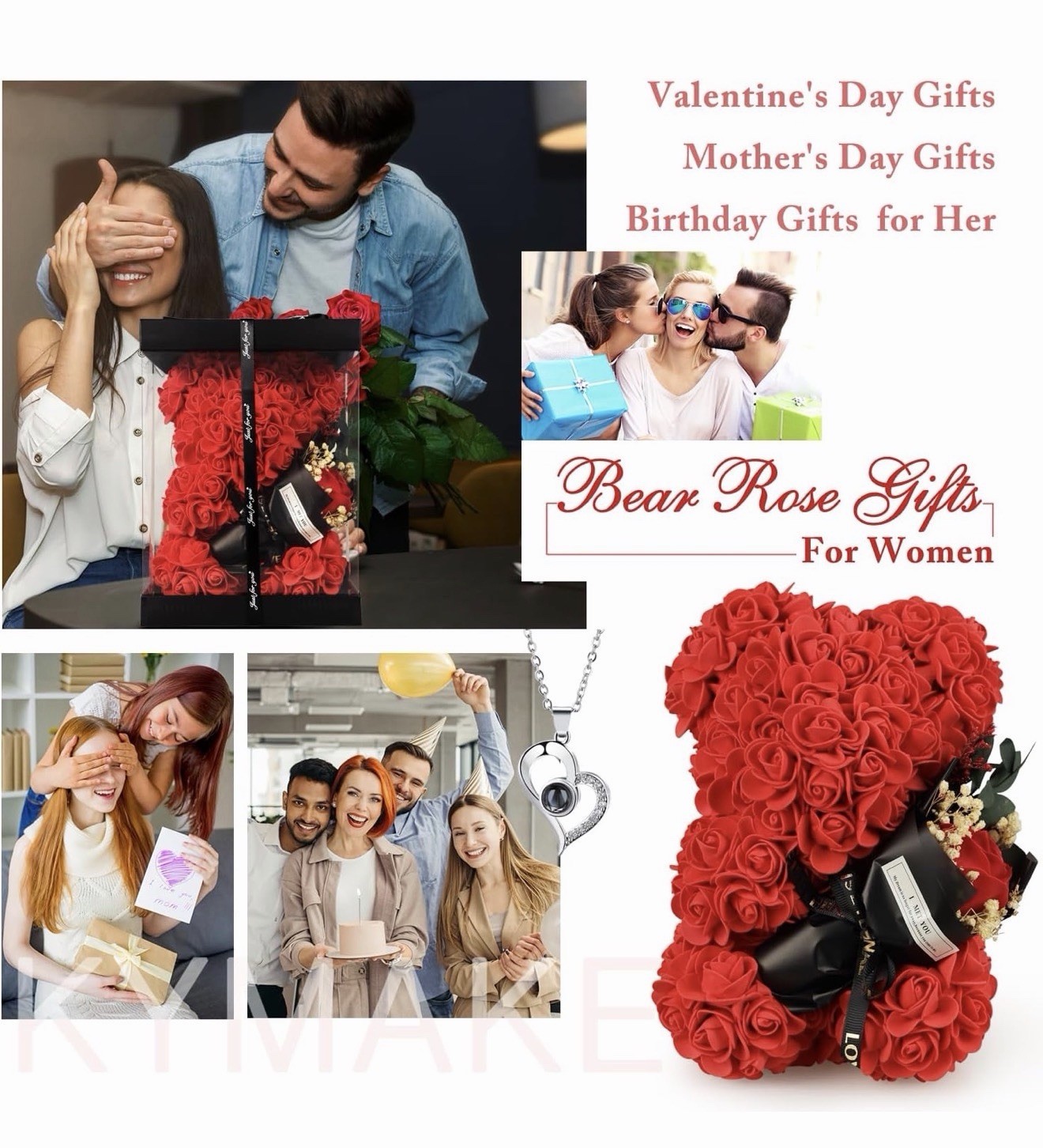 K KYMAKE Rose Bear Gift Set w/ Bouquet 100 Languages I Love You Necklace