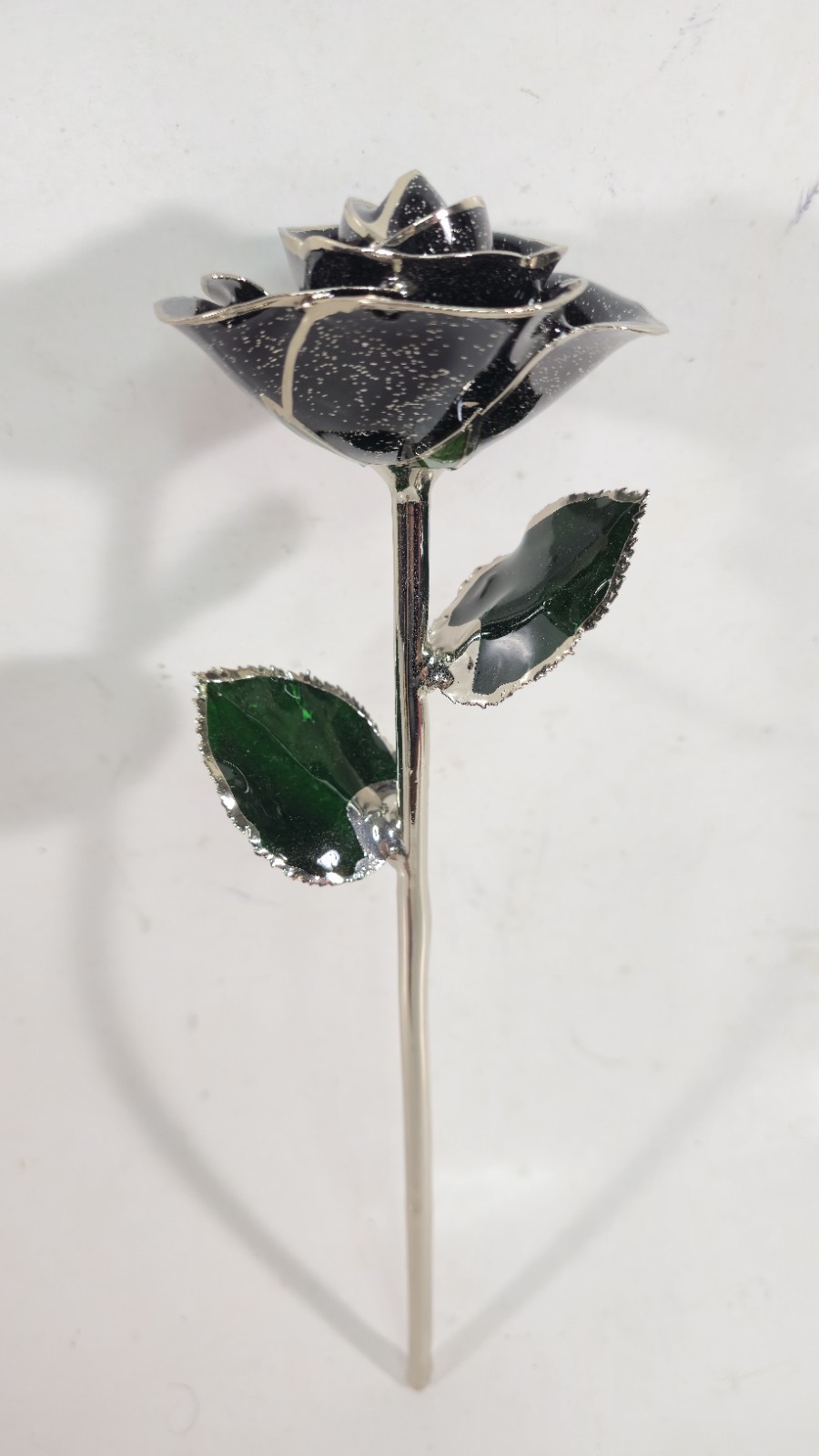 Steven Singer Jeweler Real Rose Preserved Dipped in Platinum Black & Green 12″