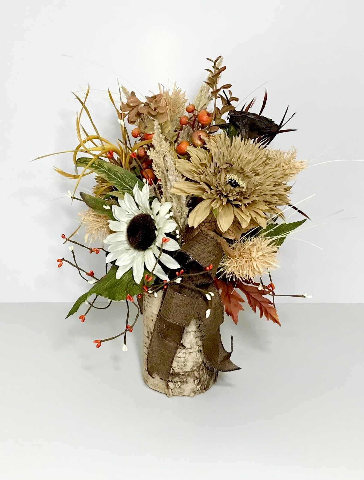 WHITE SUNFLOWERS EARTH TONE ARRANGEMENT FALL LEAVES HARVEST CENTERPIECE HANDMADE