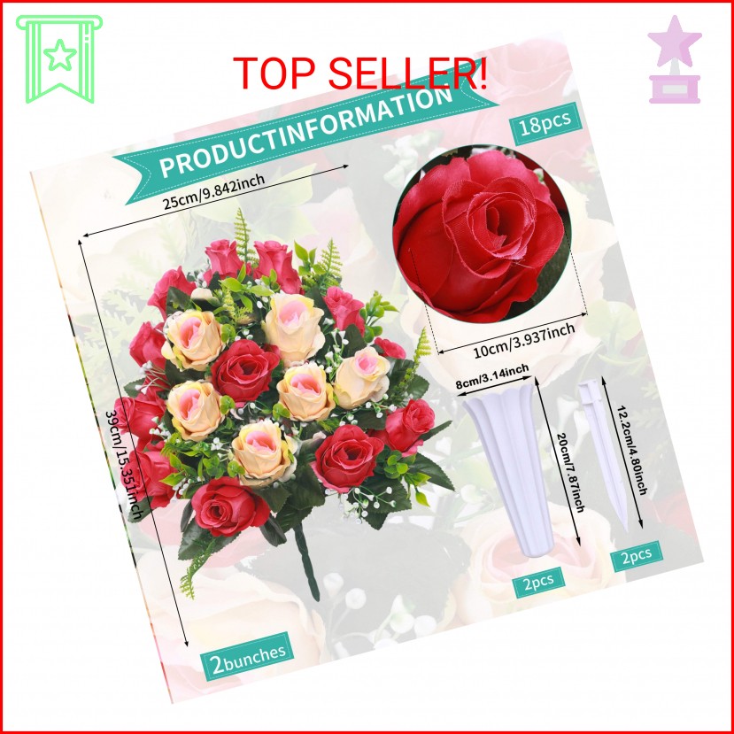 Lodou Artificial Cemetery Flowers,Set of 2 Grave Decorations Roses, Tombstone Me