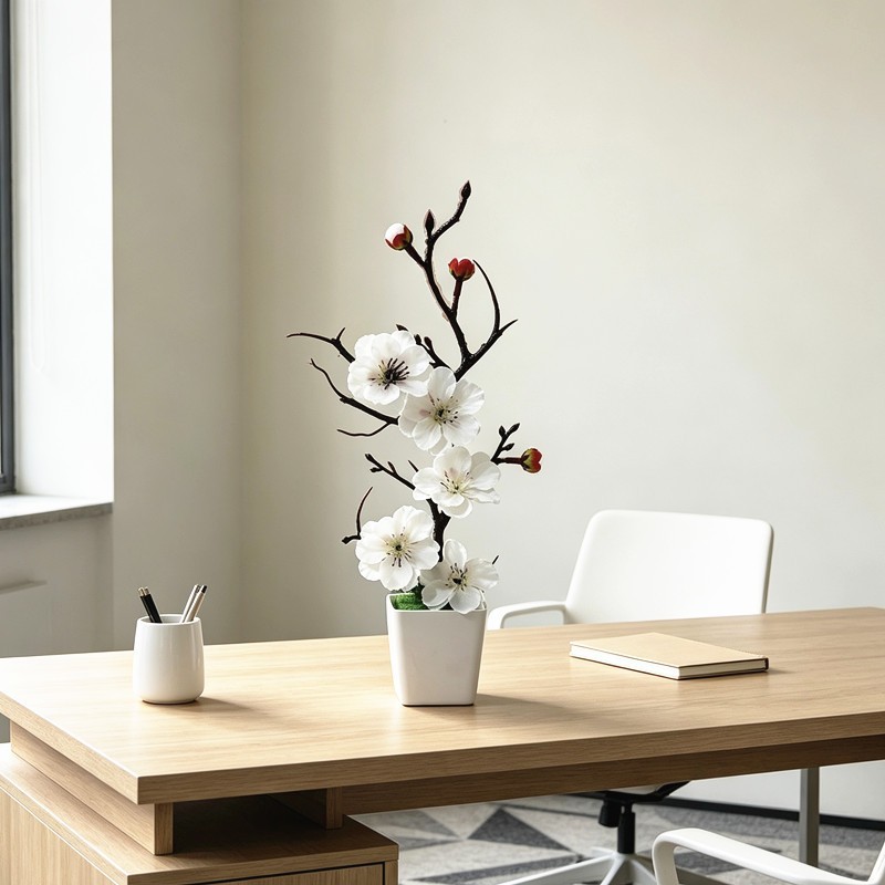 Artificial Winter Plum Blossom Potted Plant with Bare Twisted Branches