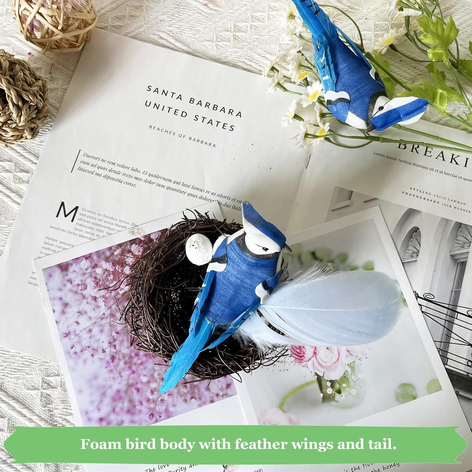 6PCS Clip On Artificial Birds Realistic Blue Jay 5.5Inch Foam Feather Bird fo…