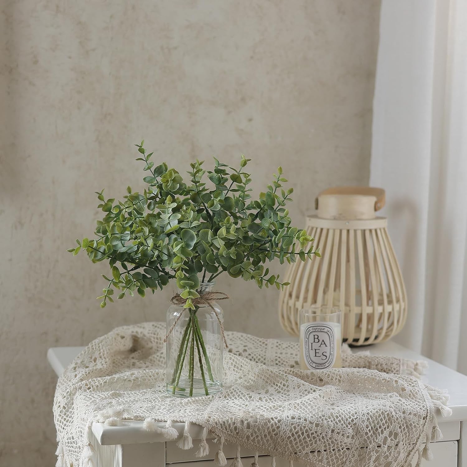 Fake Eucalyptus Stems in Glass Vase with Faux Water,14″ Artificial Plants
