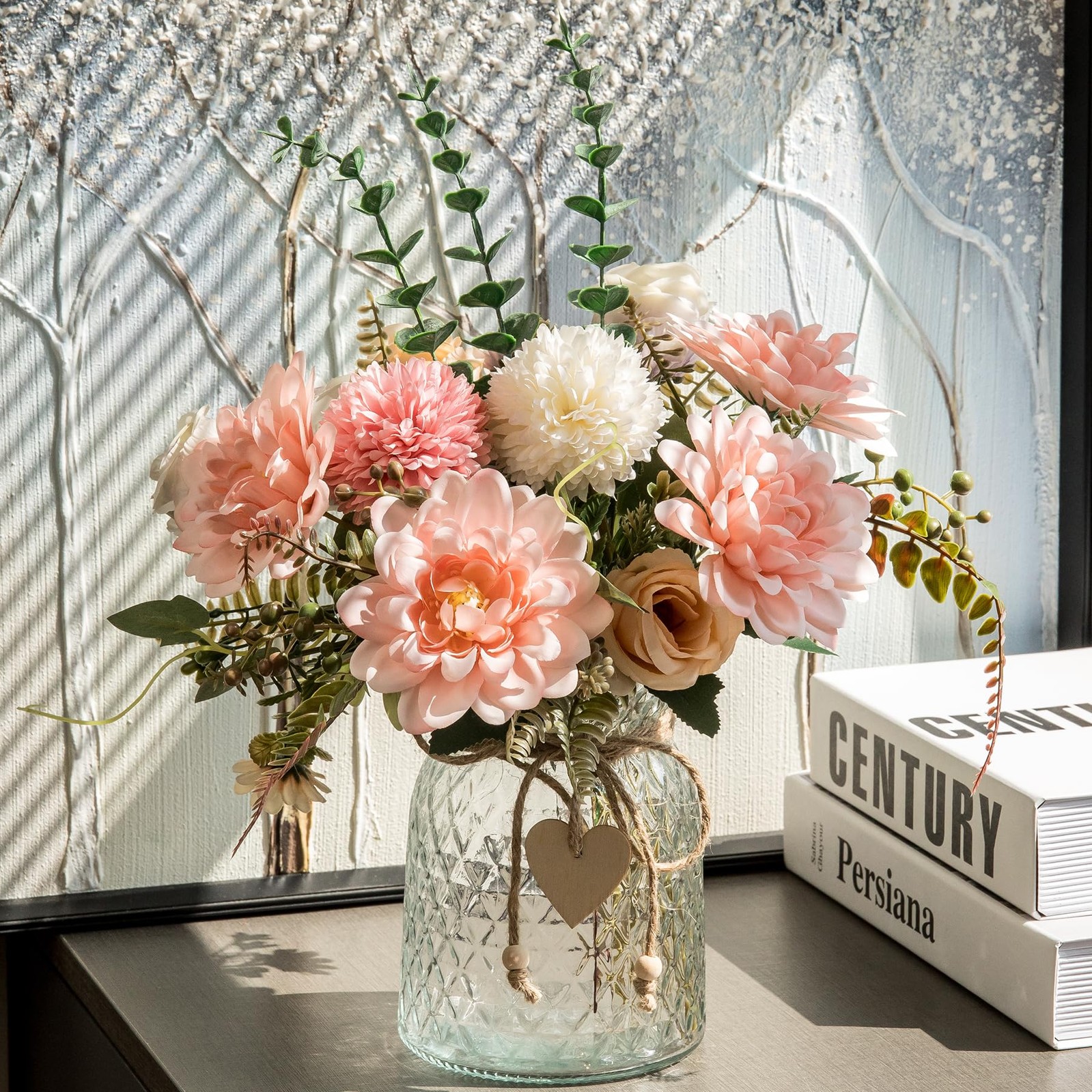 Fake Flowers with Vase,Faux Flowers in Vase for Home Decor,Silk Pink Dahlia A…