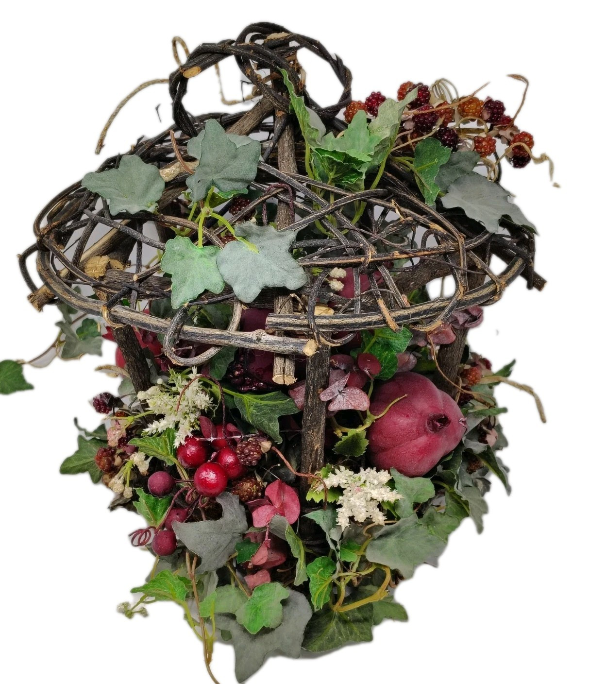 Hanging Wicker Twig Basket Faux Vine Berry Floral Arrangement Gazebo Bird Cage