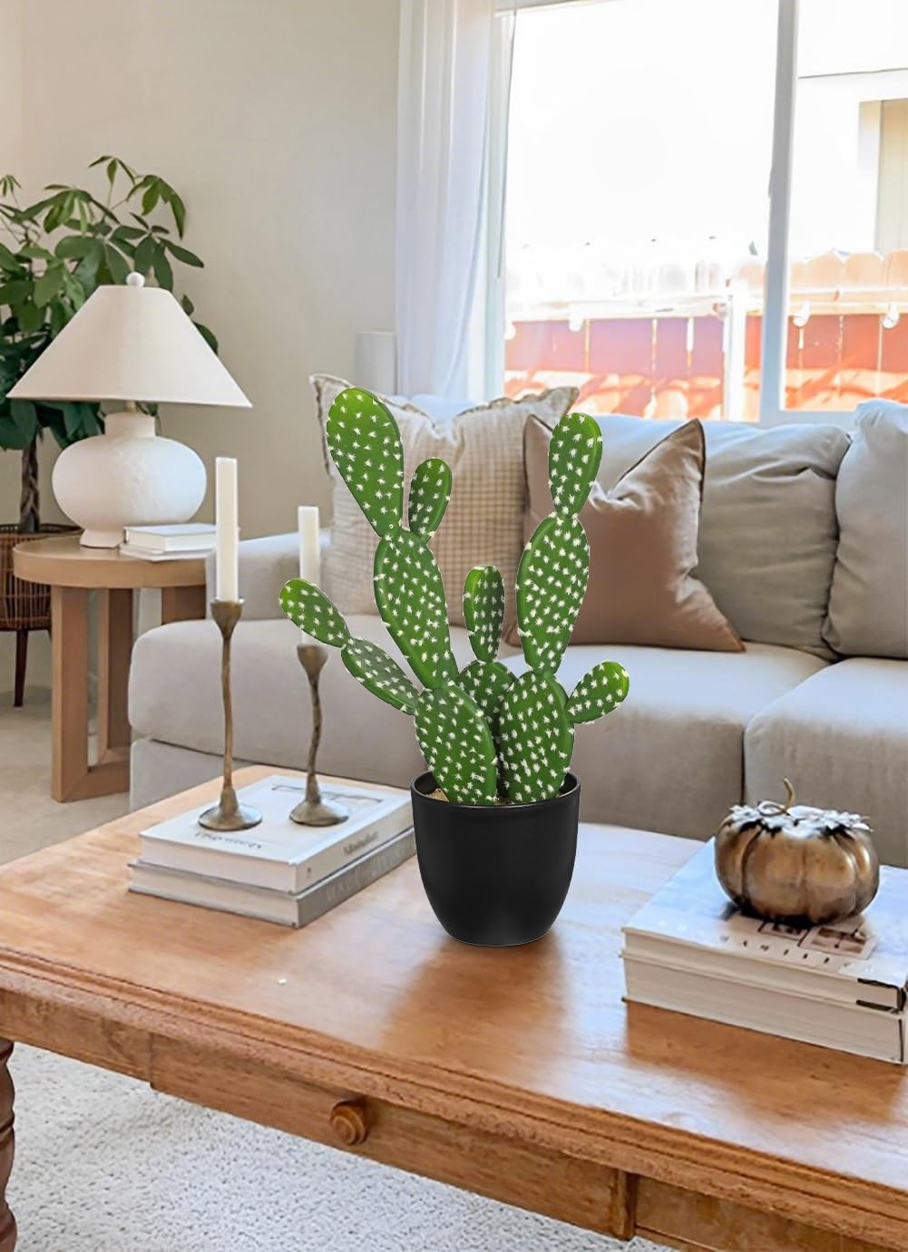 16.5″ Small Fake Cactus Plant Potted ‘Prickly Pear Cactus’ Faux Cacti for Hom…