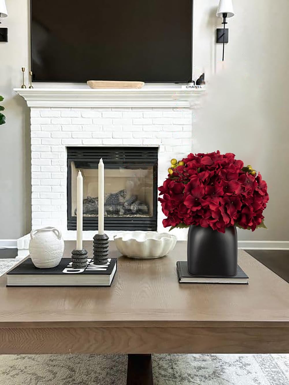 Hydrangea Artificial Flowers in Ceramic Black Vase, Burgundy Silk Hydrangea C…