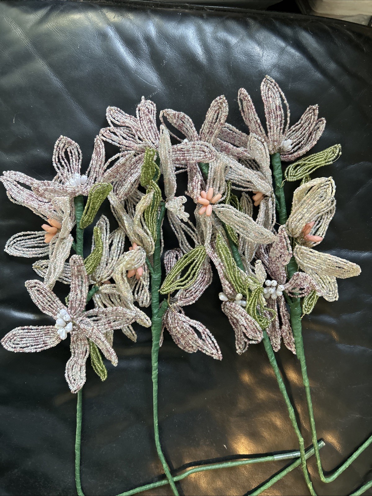 Lot Of 4 Stem French Glass Beaded LARGE Lily Flowers Bouquet Lavender & Pink 23”