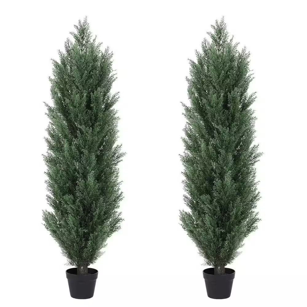 2-Piece 4 Ft. Artificial Cedar Tree Triangular Pines for Garden in Pot