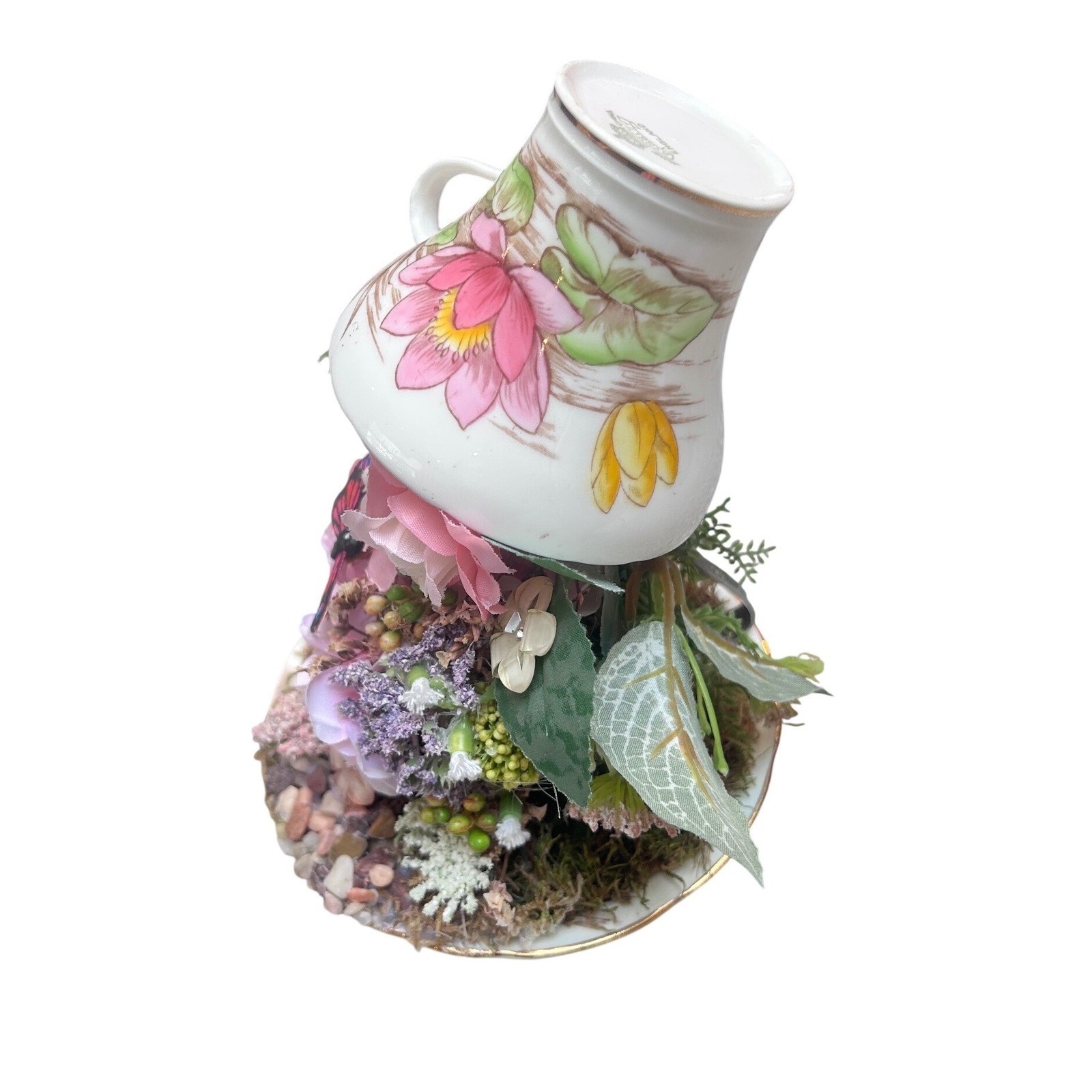 Aynsley England Floating Teacup Centerpiece Faux Floral Pink Rose Butterfly
