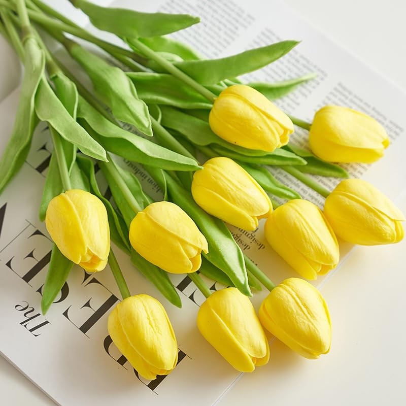 10 PCS Yellow Artificial Tulips Real Touch Latex Fake Flowers Wedding Bouquet