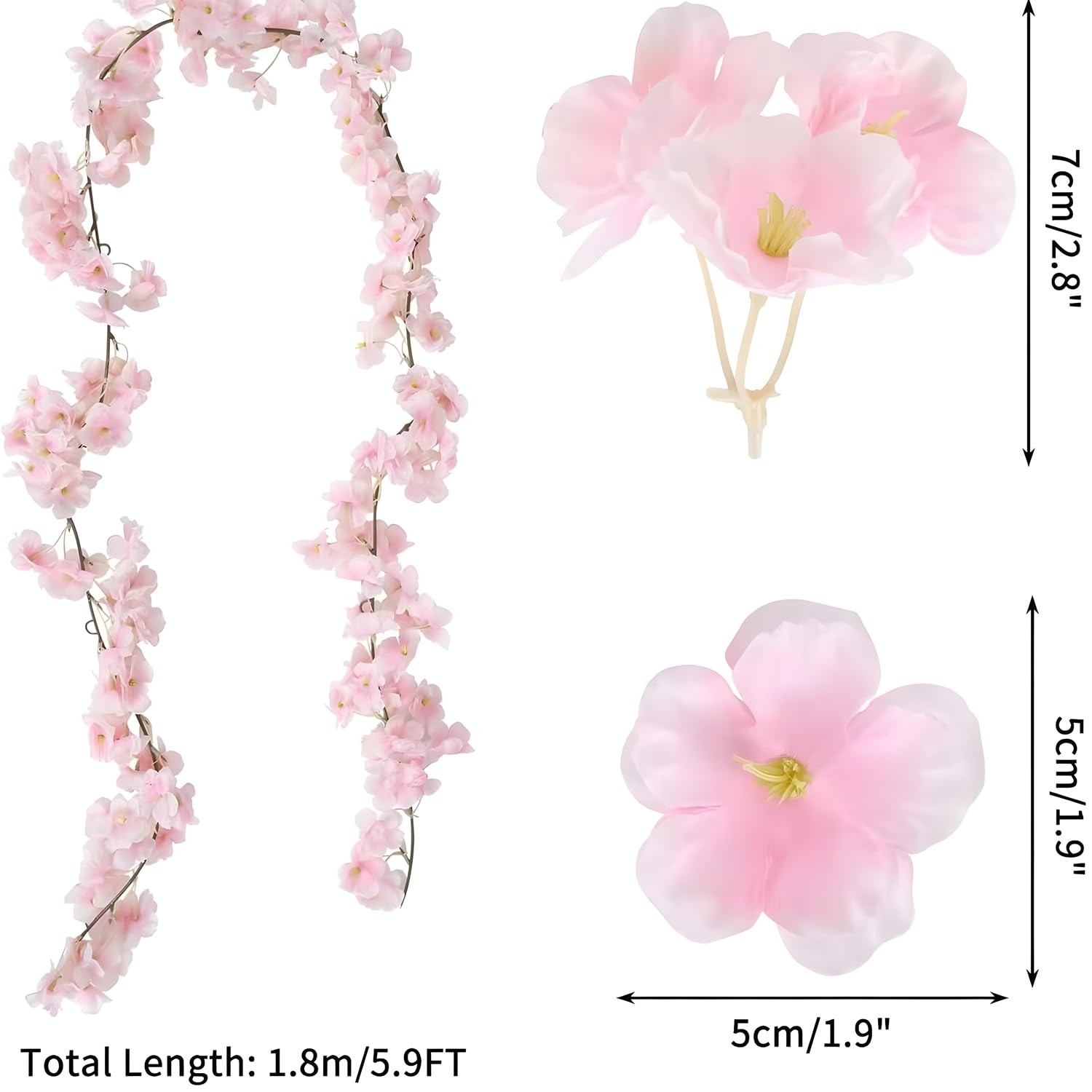 3pcs 5.91 ft Artificial Cherry Blossoms Garland Pink Fake Vines Hanging Silk …
