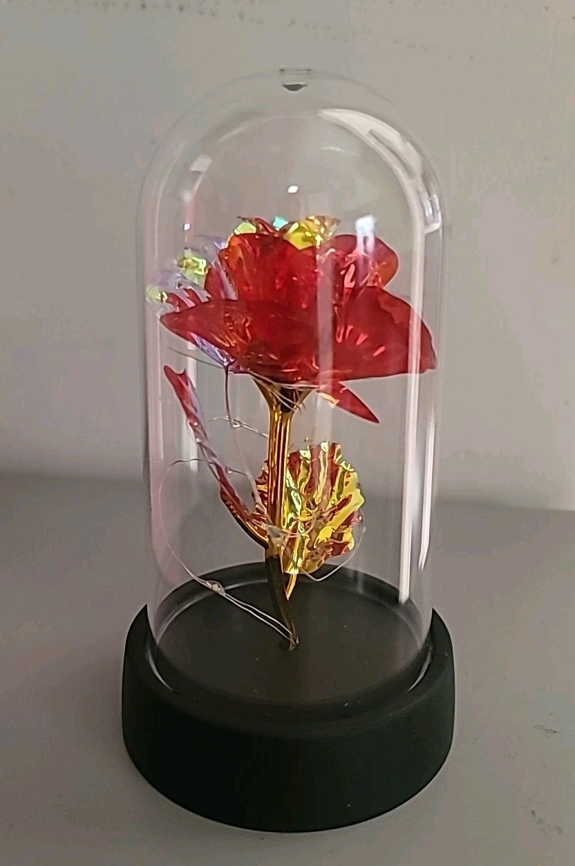 Red & Gold Rose Flower In Dome Glass LED Light Gift, Valentine, Wedding Decor