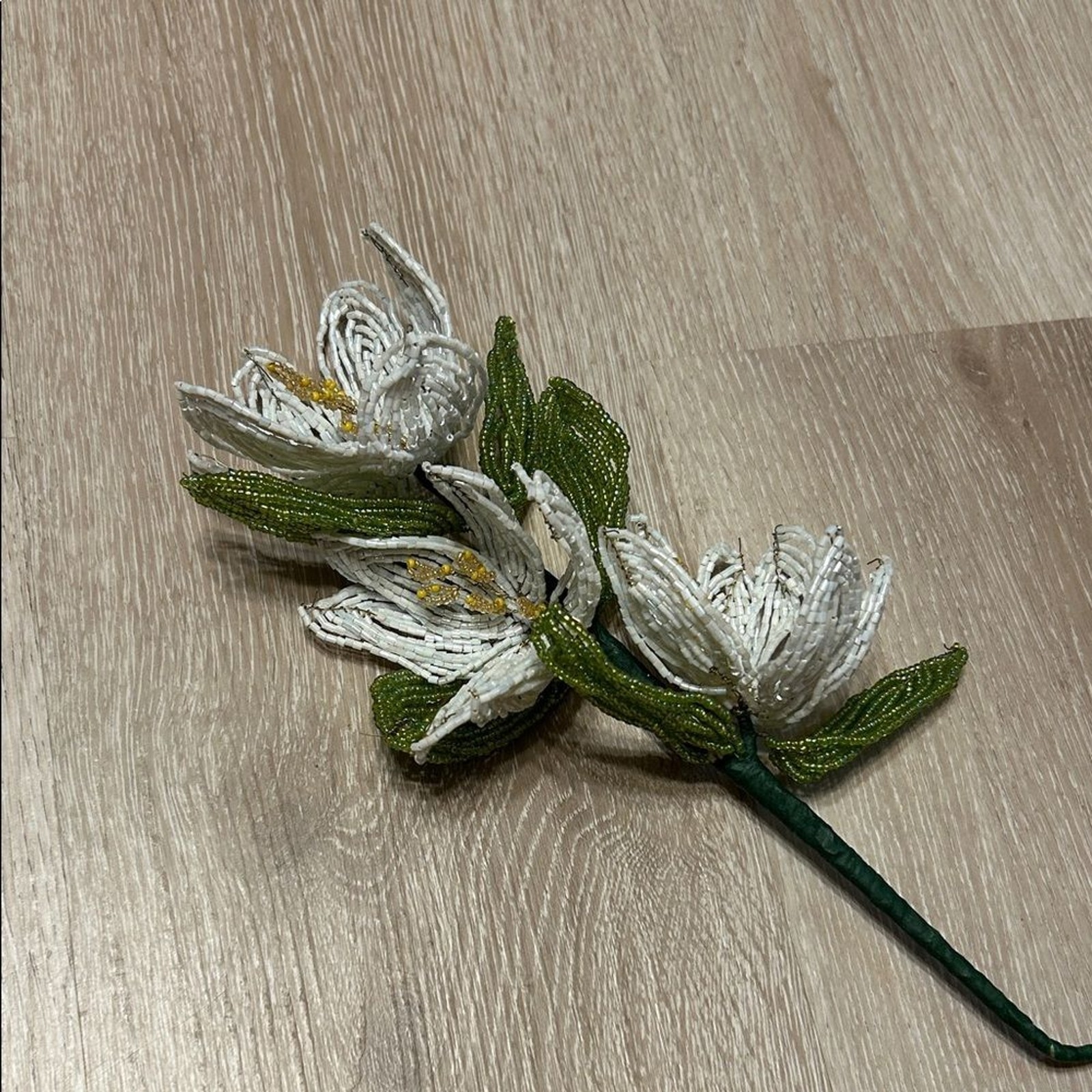 Handcrafted French White Glass Beaded Flower Stem Vintage Inspired Decorative